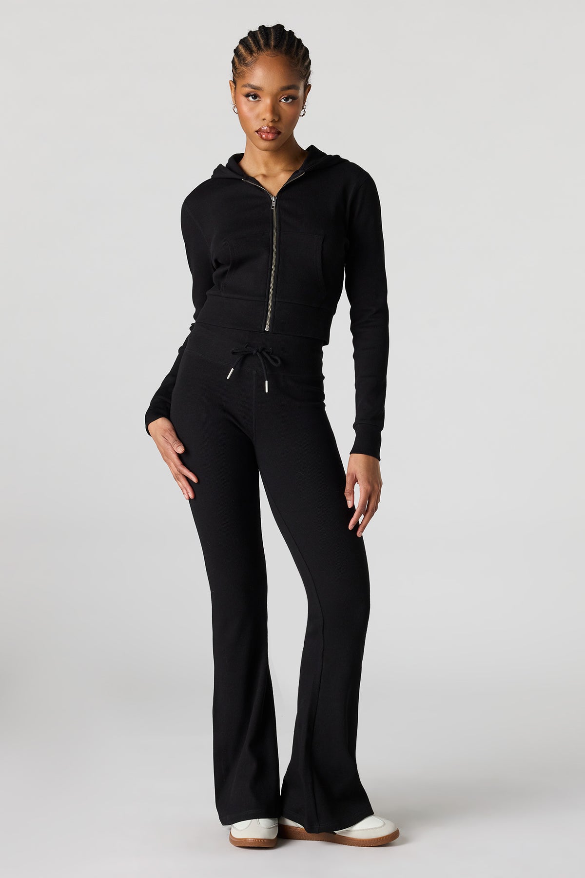 Alt View 3. Cropped Zip-Up Ribbed Hoodie - Black