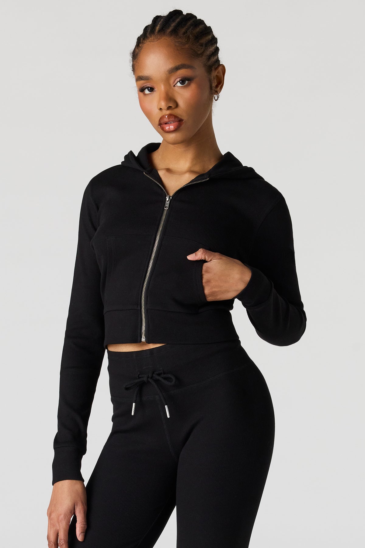 Cropped Zip-Up Ribbed Hoodie - Black