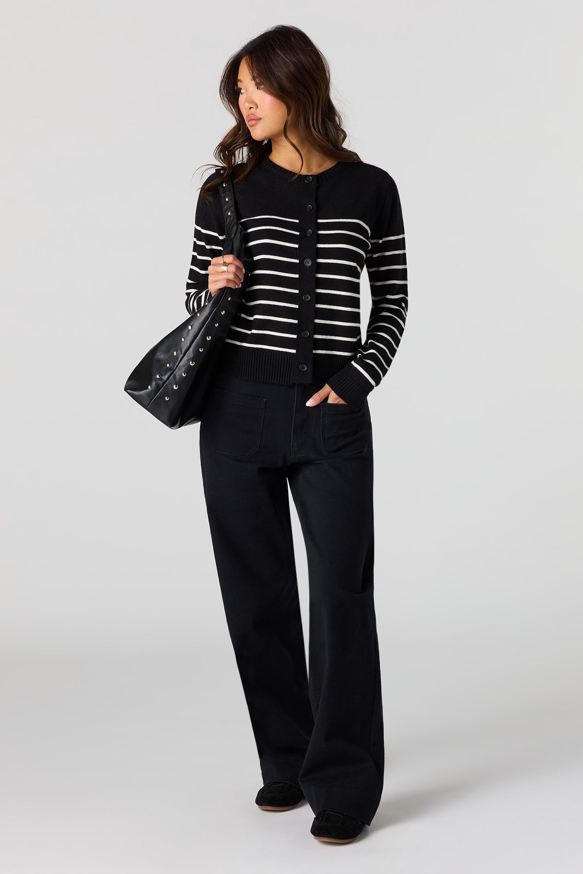 Alt View 3. Button-Up Cardigan - Black with White