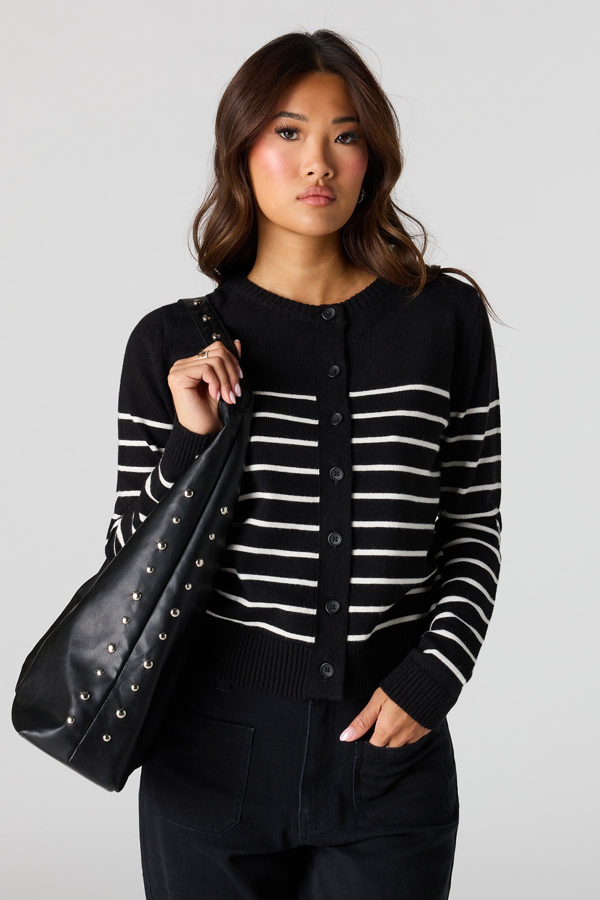 Button-Up Cardigan - Black with White