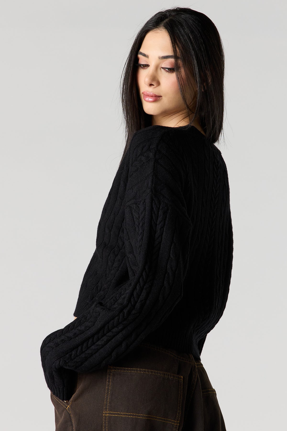 Alt View 2. Cable Knit Button-Up Cardigan - Black