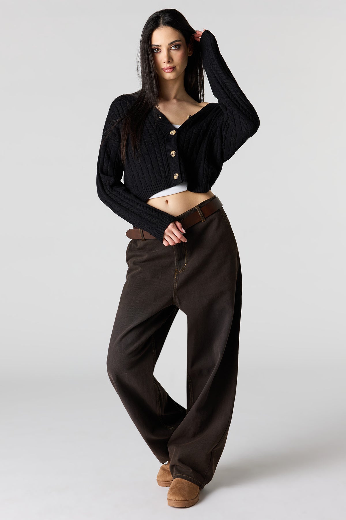 Alt View 3. Cable Knit Button-Up Cardigan - Black