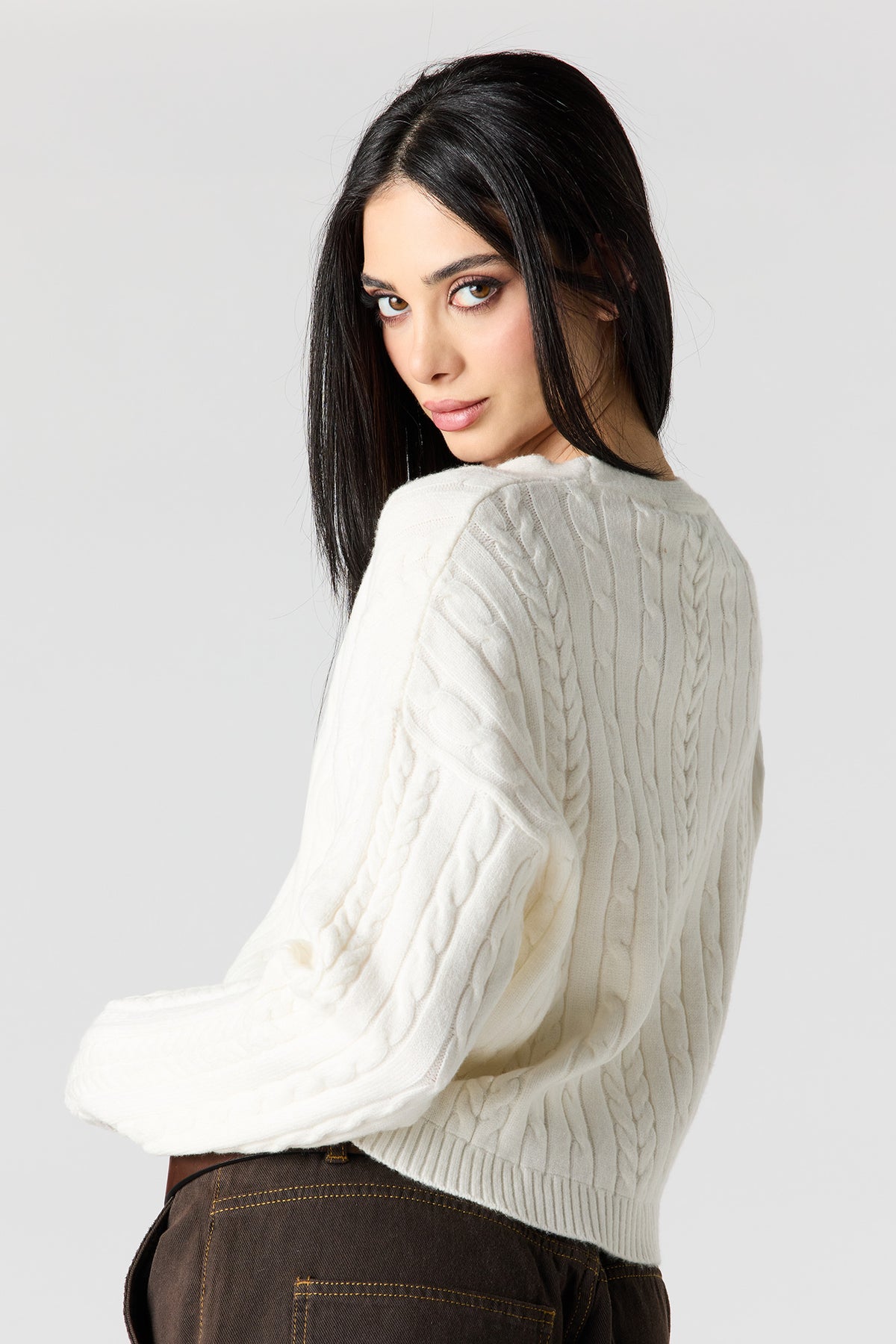 Alt View 2. Cable Knit Button-Up Cardigan - Cream
