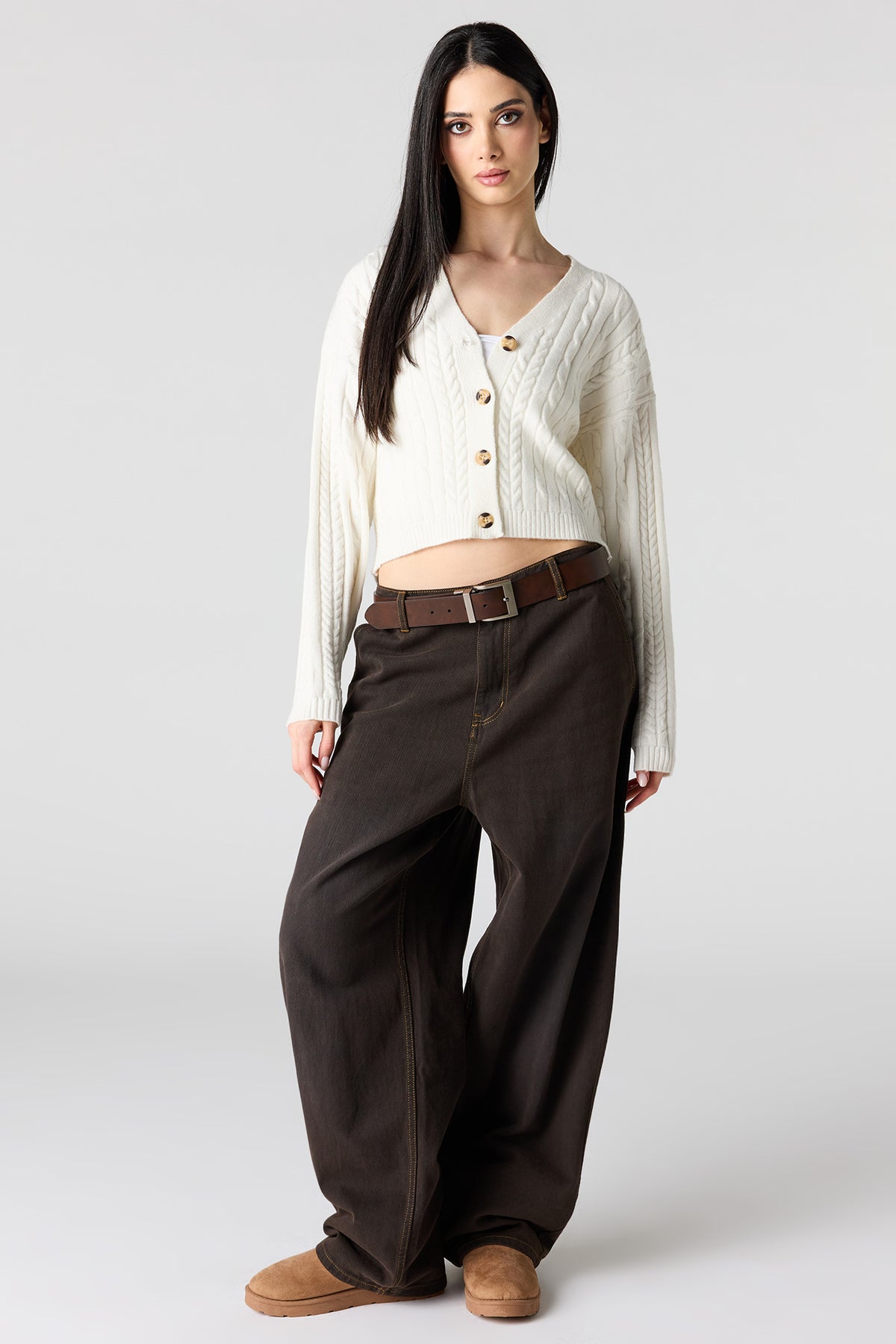 Alt View 3. Cable Knit Button-Up Cardigan - Cream