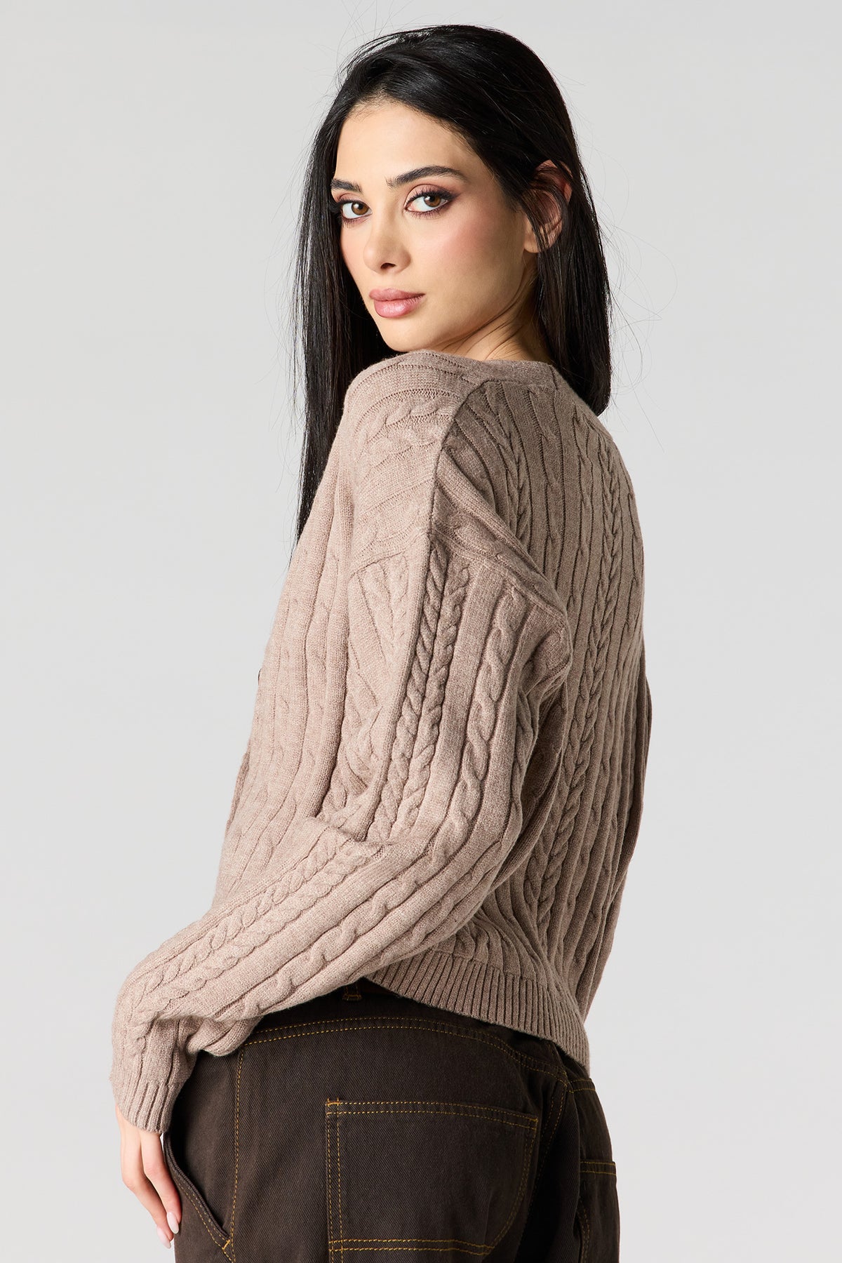 Alt View 2. Cable Knit Button-Up Cardigan - Oatmeal