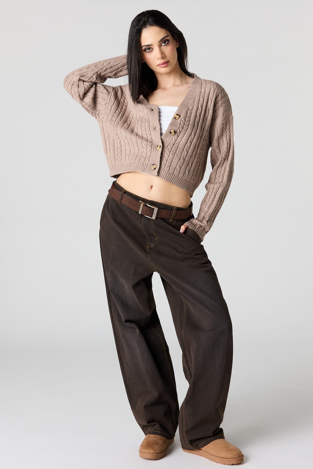 Alt View 3. Cable Knit Button-Up Cardigan - Oatmeal