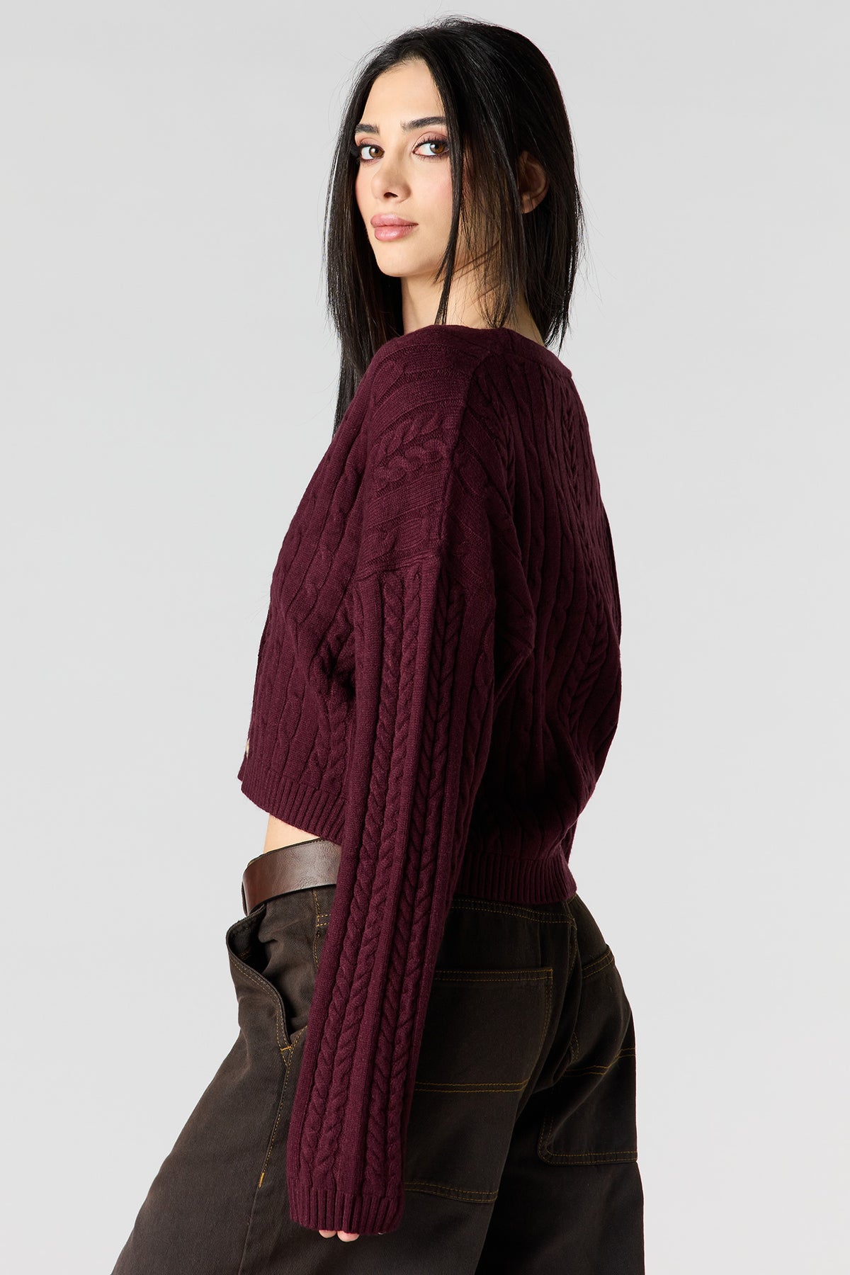 Alt View 2. Cable Knit Button-Up Cardigan - Burgundy