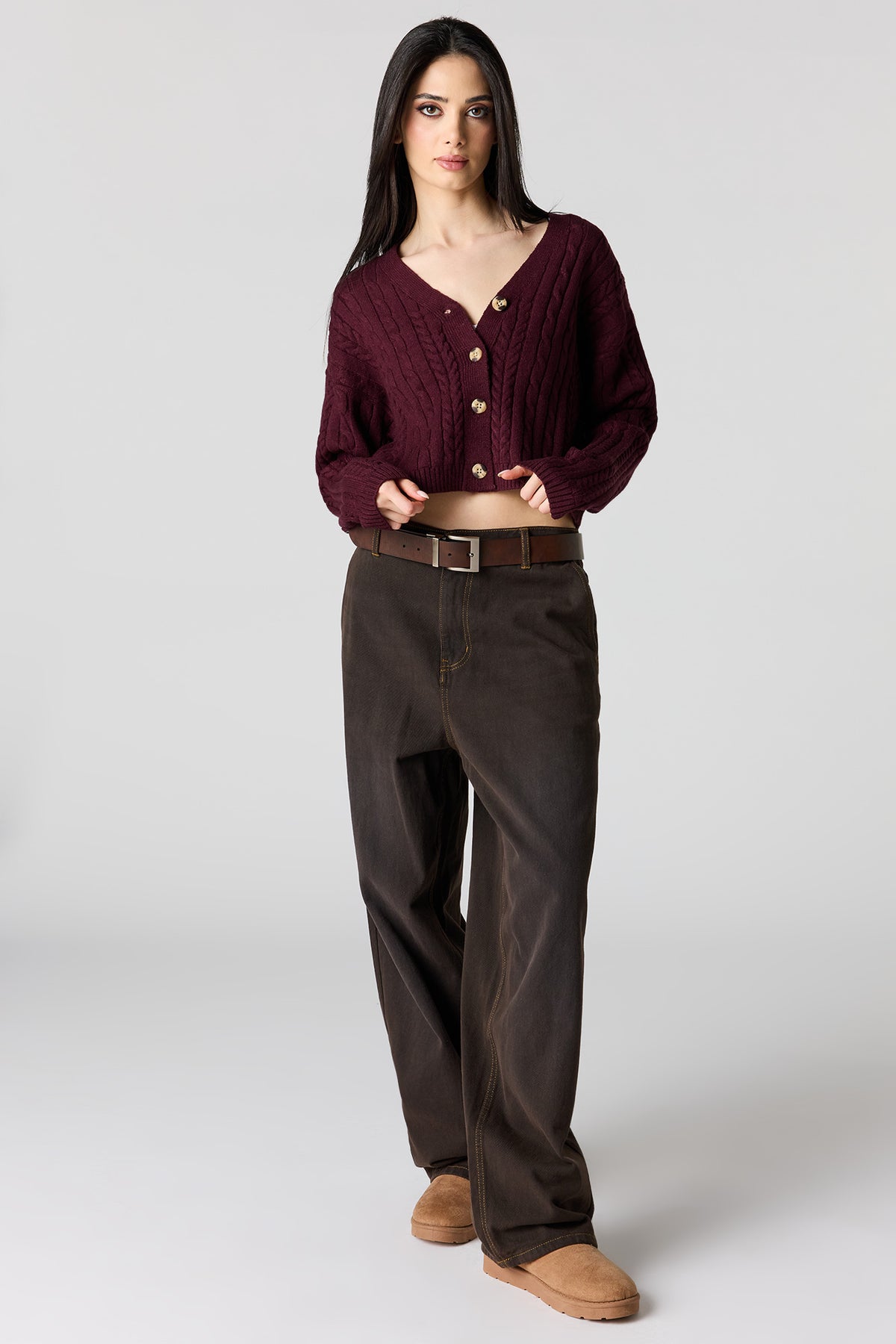 Alt View 3. Cable Knit Button-Up Cardigan - Burgundy