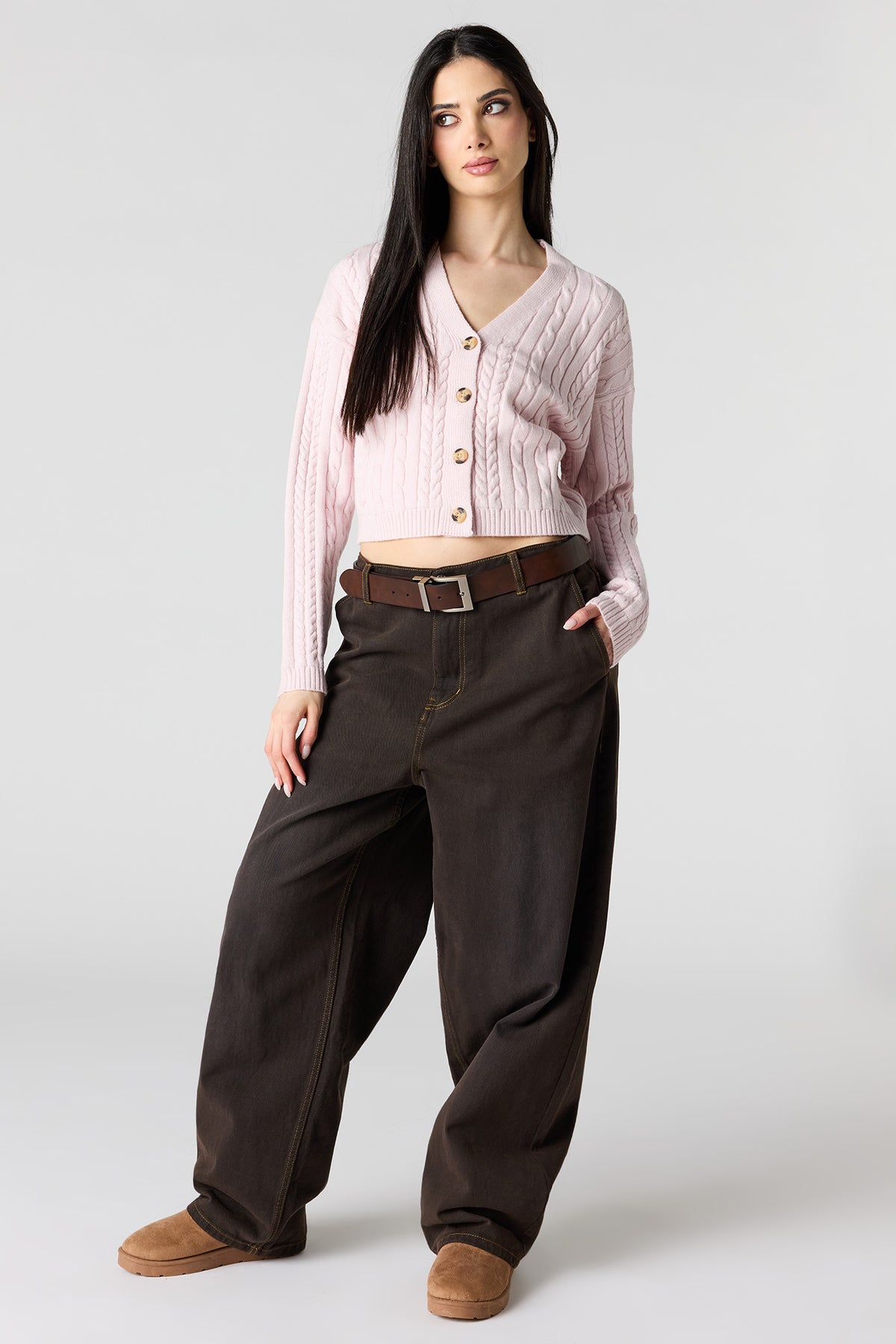 Alt View 3. Cable Knit Button-Up Cardigan - Light Pink