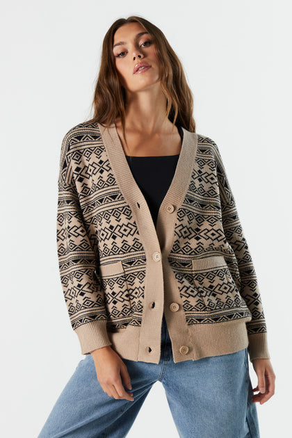 Argyle Knit Button-Up Cardigan