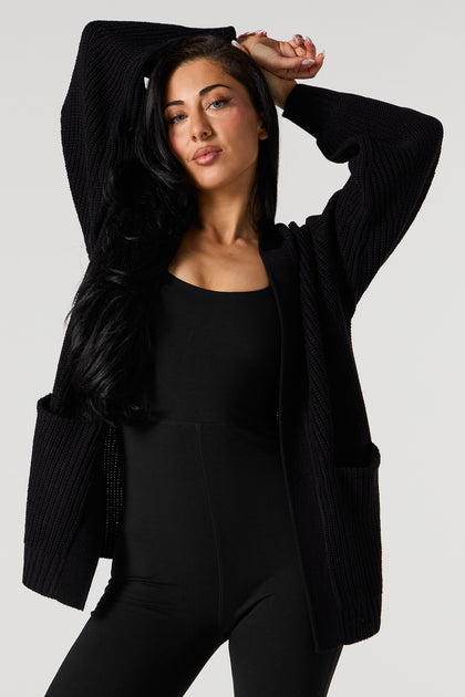 Ribbed Knit Open Front Long Sleeve Cardigan