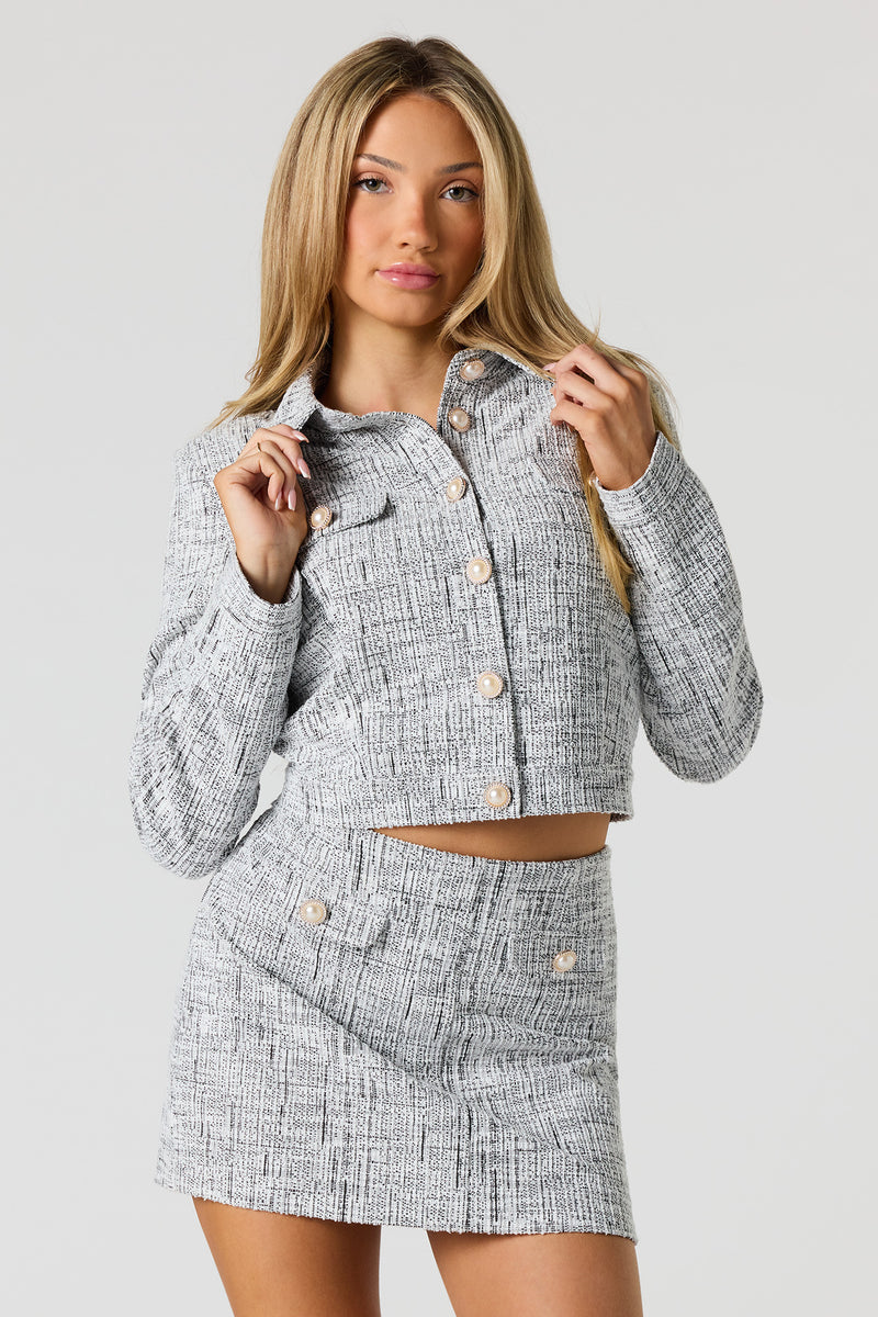 Tweed Pearl Button-Up Blazer