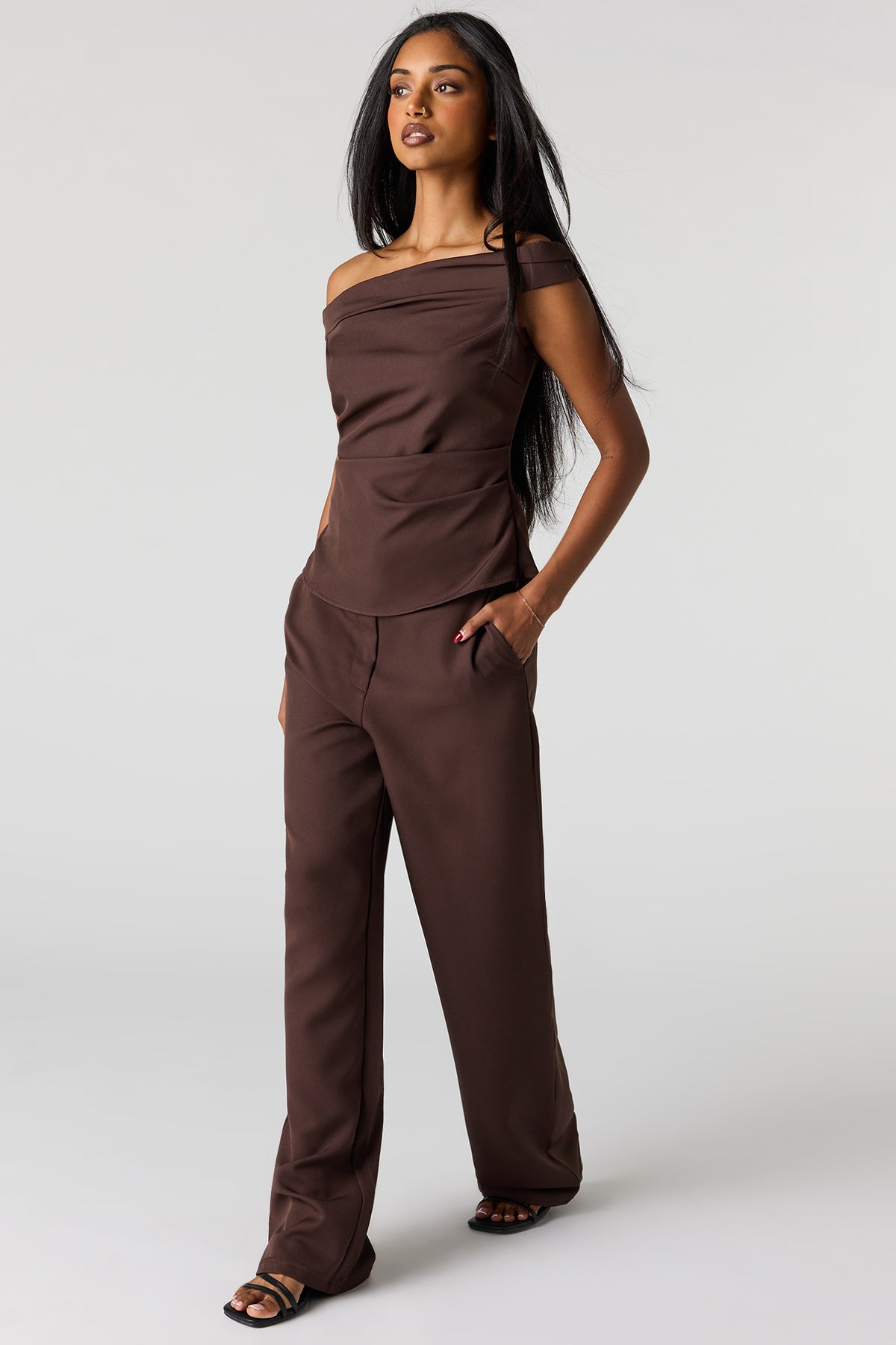 Alt View 3. Off Shoulder Top - Brown