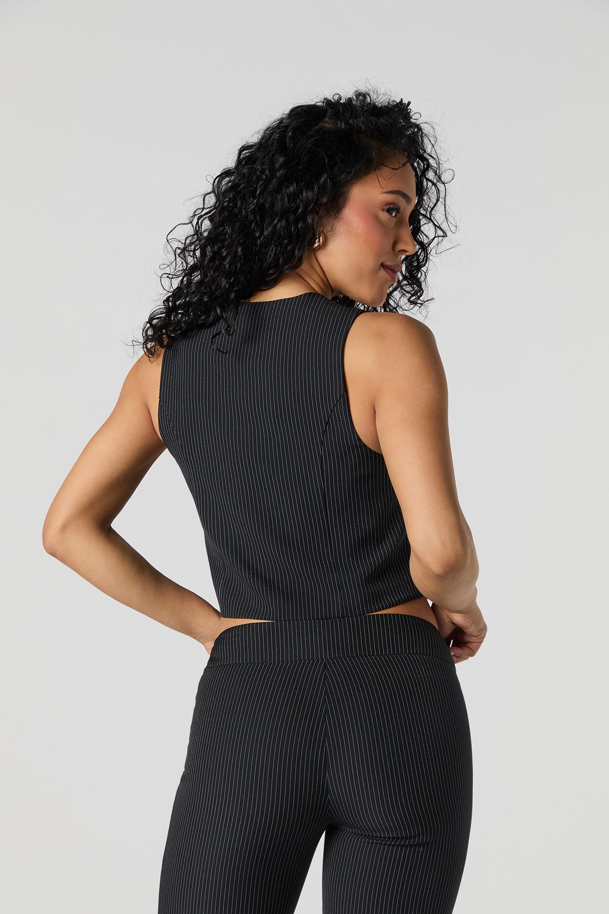 Alt View 2. Pinstriped Tie Front Vest - Black