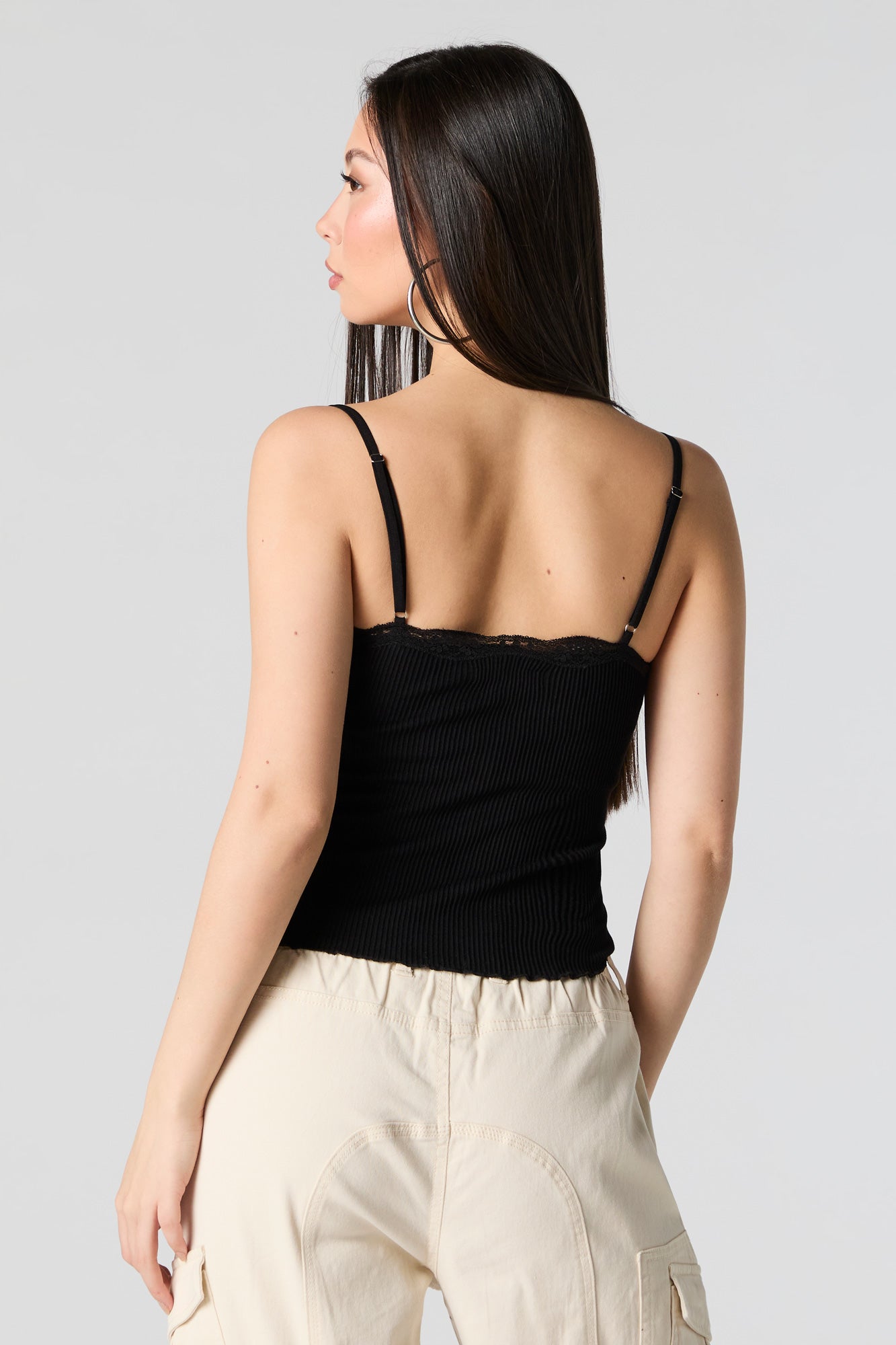 Ribbed V-Neck Lace Trim Tank