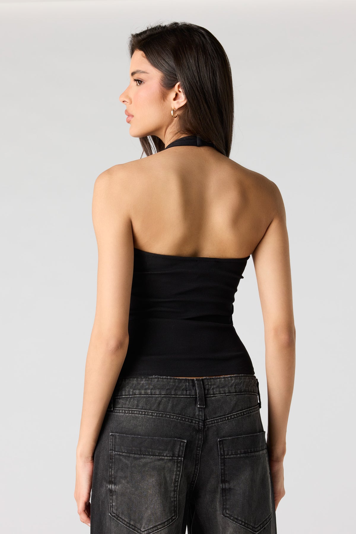 Alt View 2. Ribbed Scoop Neck Halter Top - Black