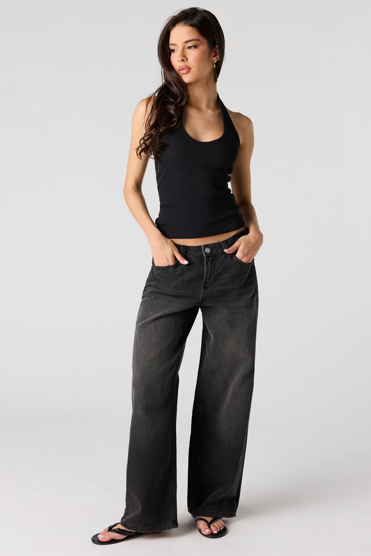 Alt View 3. Ribbed Scoop Neck Halter Top - Black