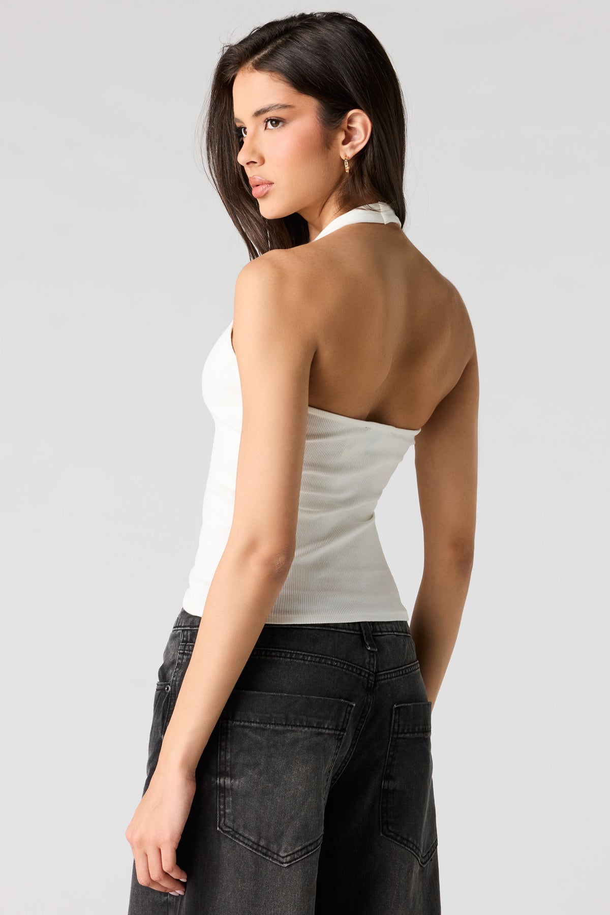 Alt View 2. Ribbed Scoop Neck Halter Top - White