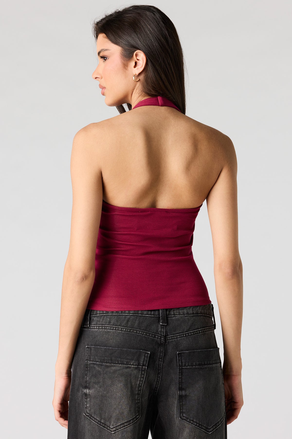 Alt View 2. Ribbed Scoop Neck Halter Top - Red