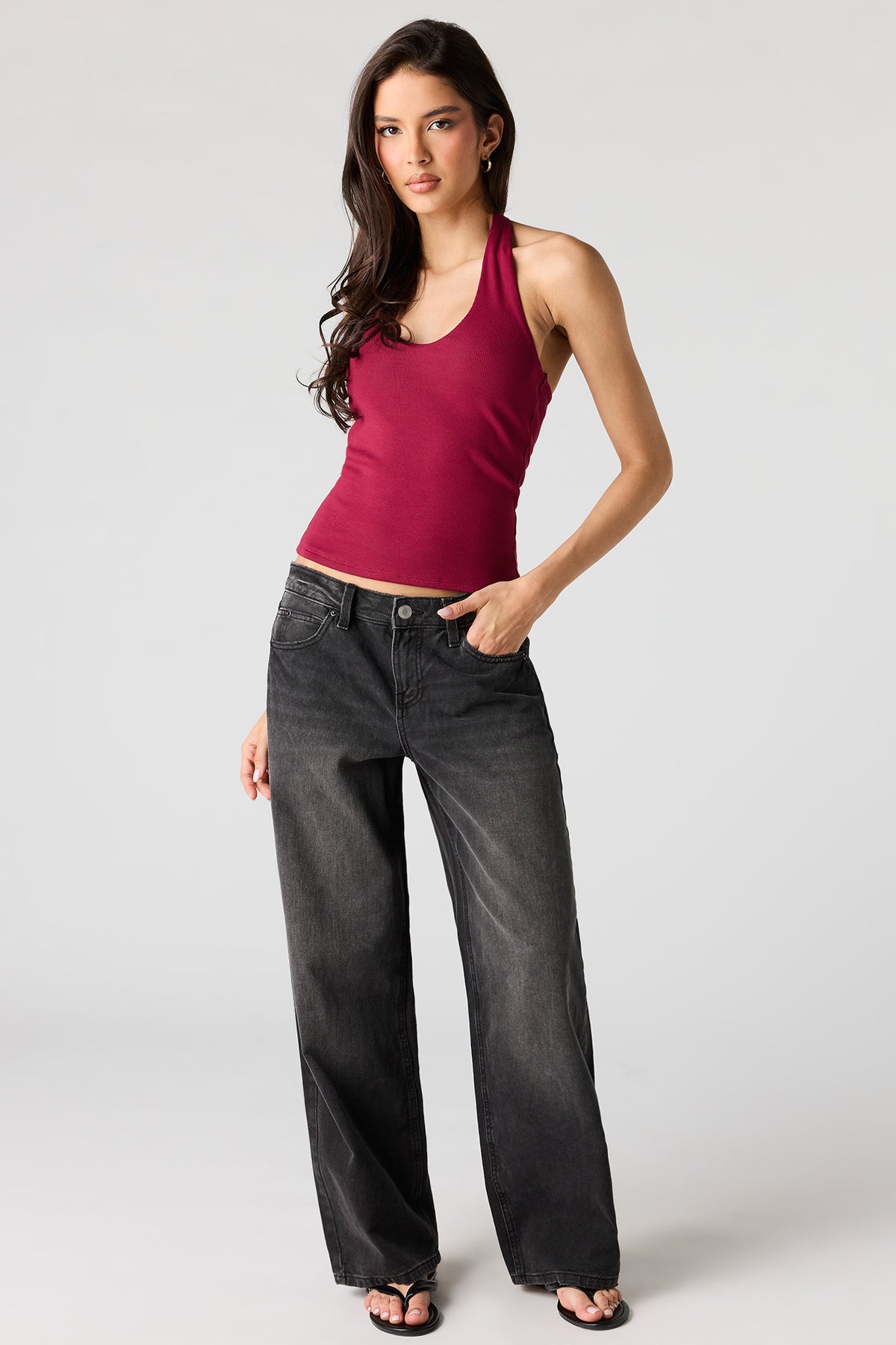 Alt View 3. Ribbed Scoop Neck Halter Top - Red