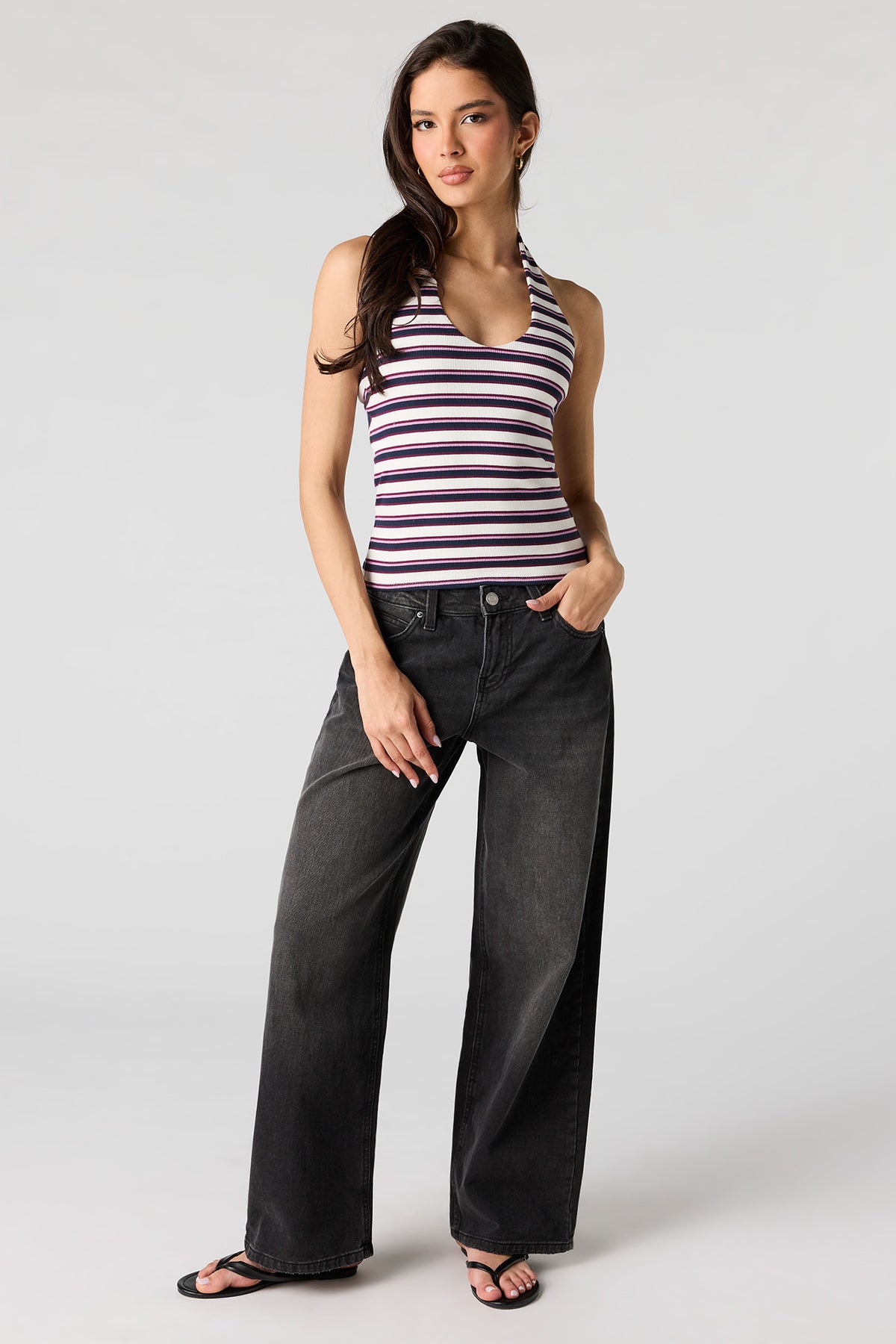 Alt View 3. Ribbed Scoop Neck Halter Top - Pinstripe