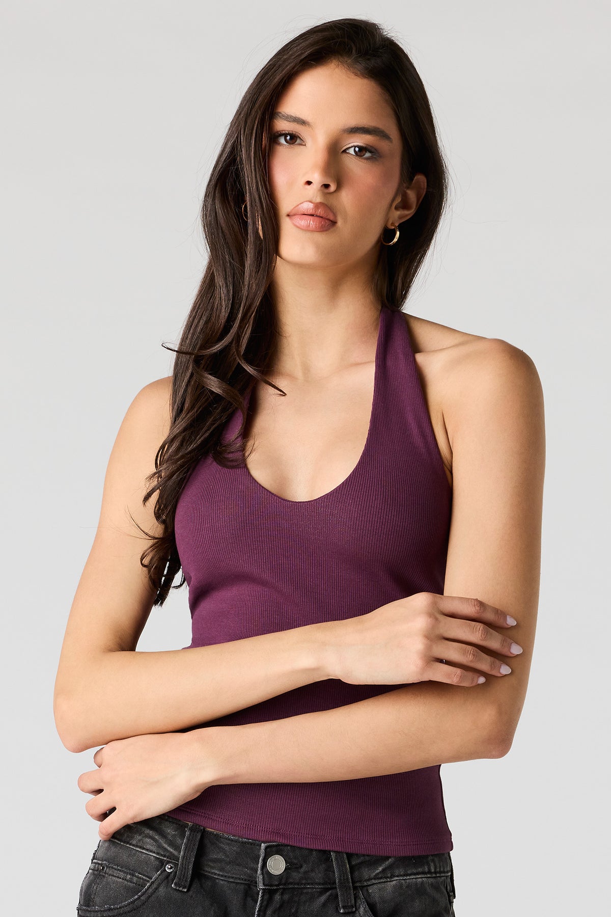 Ribbed Scoop Neck Halter Top - Plum