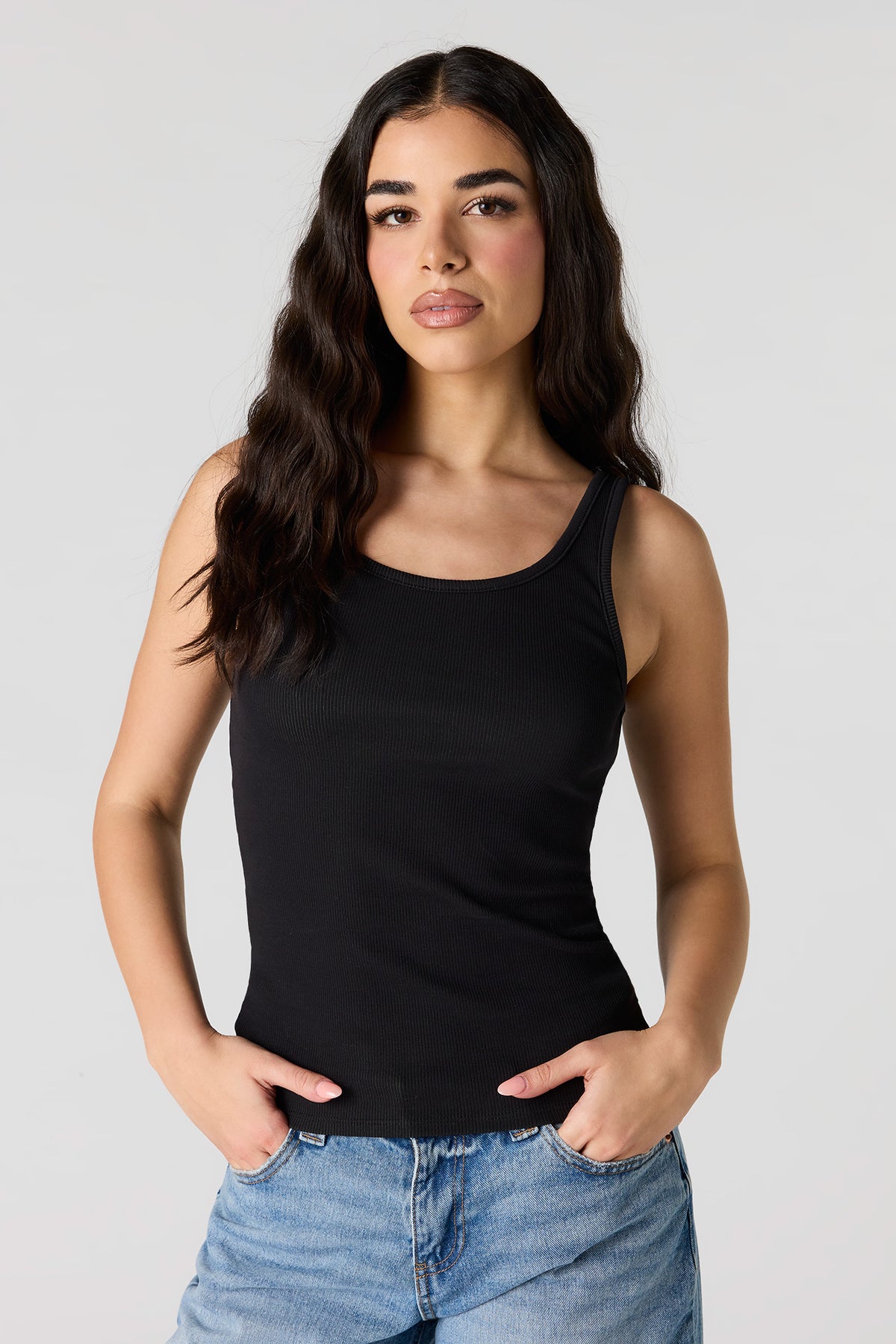 Ribbed Scoop Neck Tank - Black