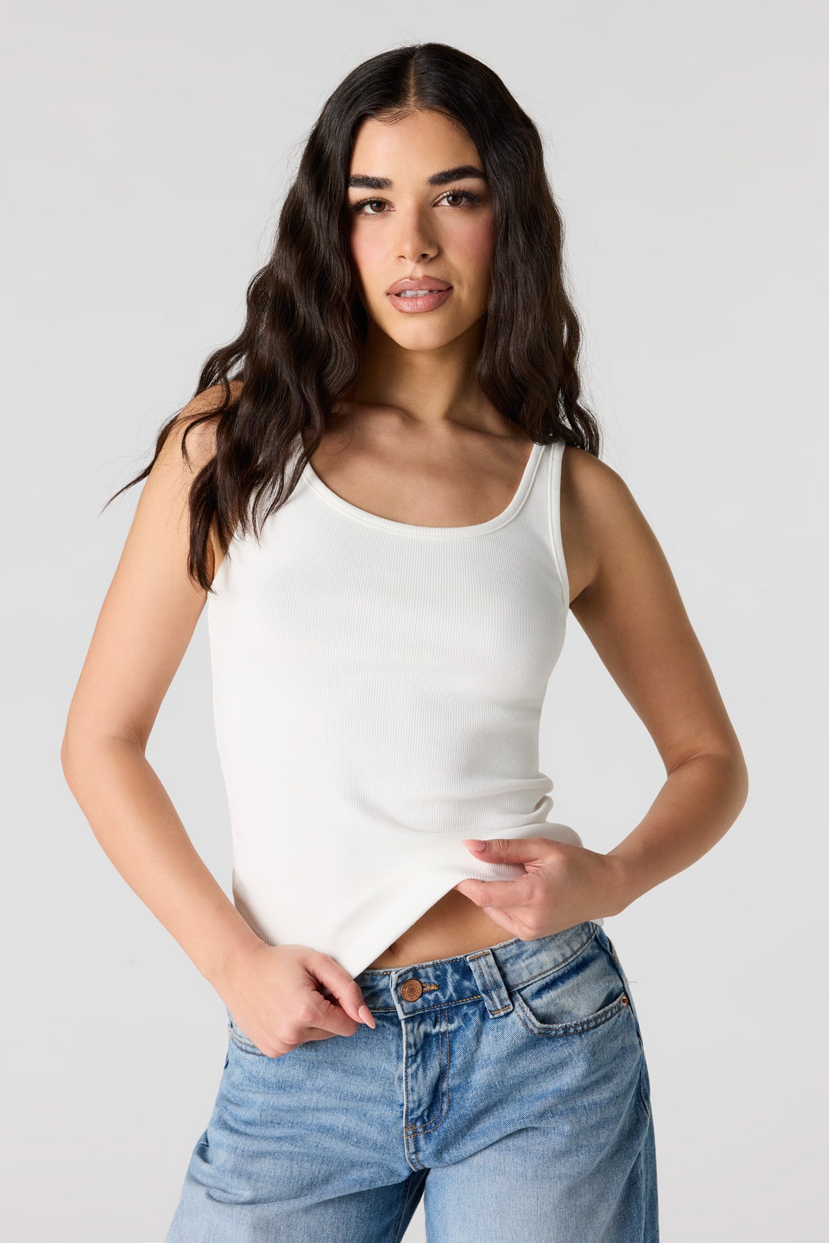 Ribbed Scoop Neck Tank - White