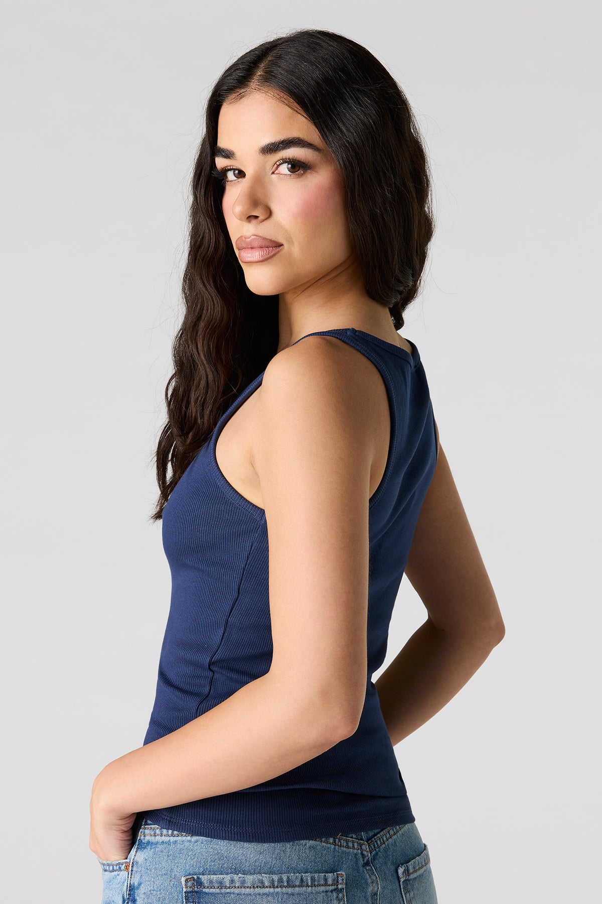 Alt View 2. Ribbed Scoop Neck Tank - Navy
