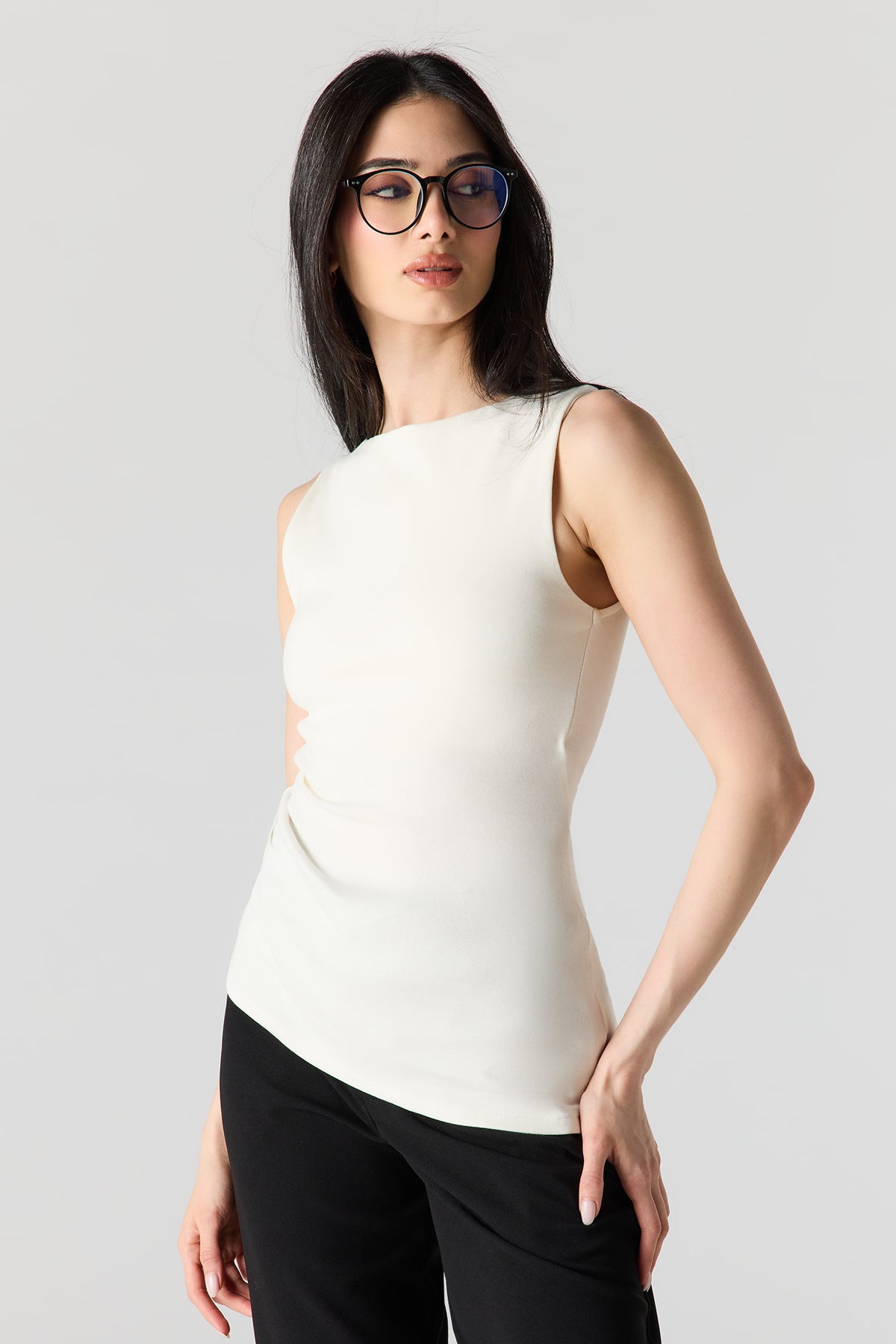 Ribbed High Neck Top - White