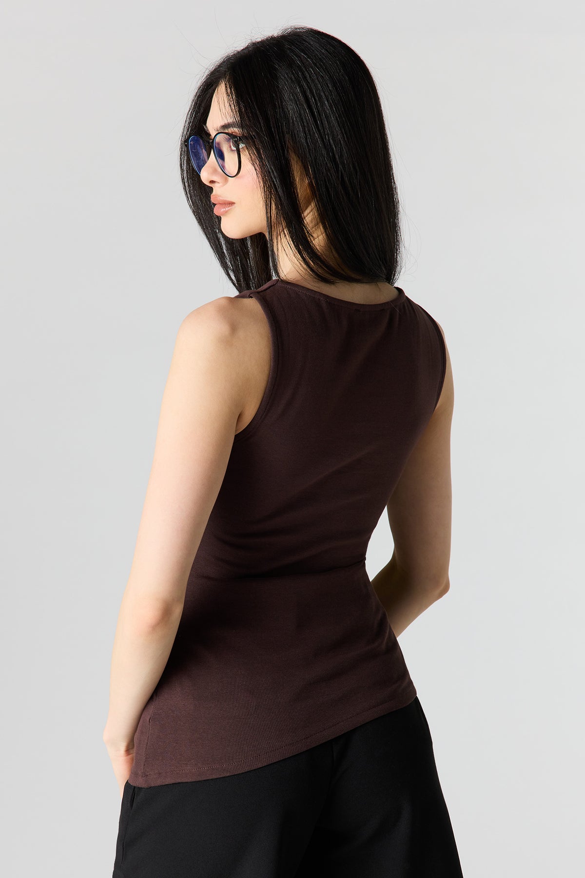 Alt View 2. Ribbed High Neck Top - Dark Brown