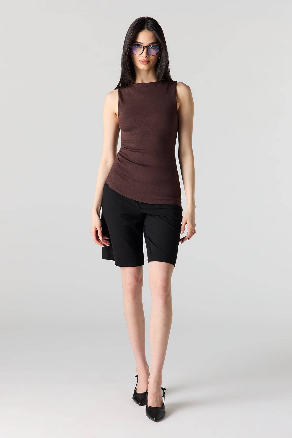 Alt View 3. Ribbed High Neck Top - Dark Brown