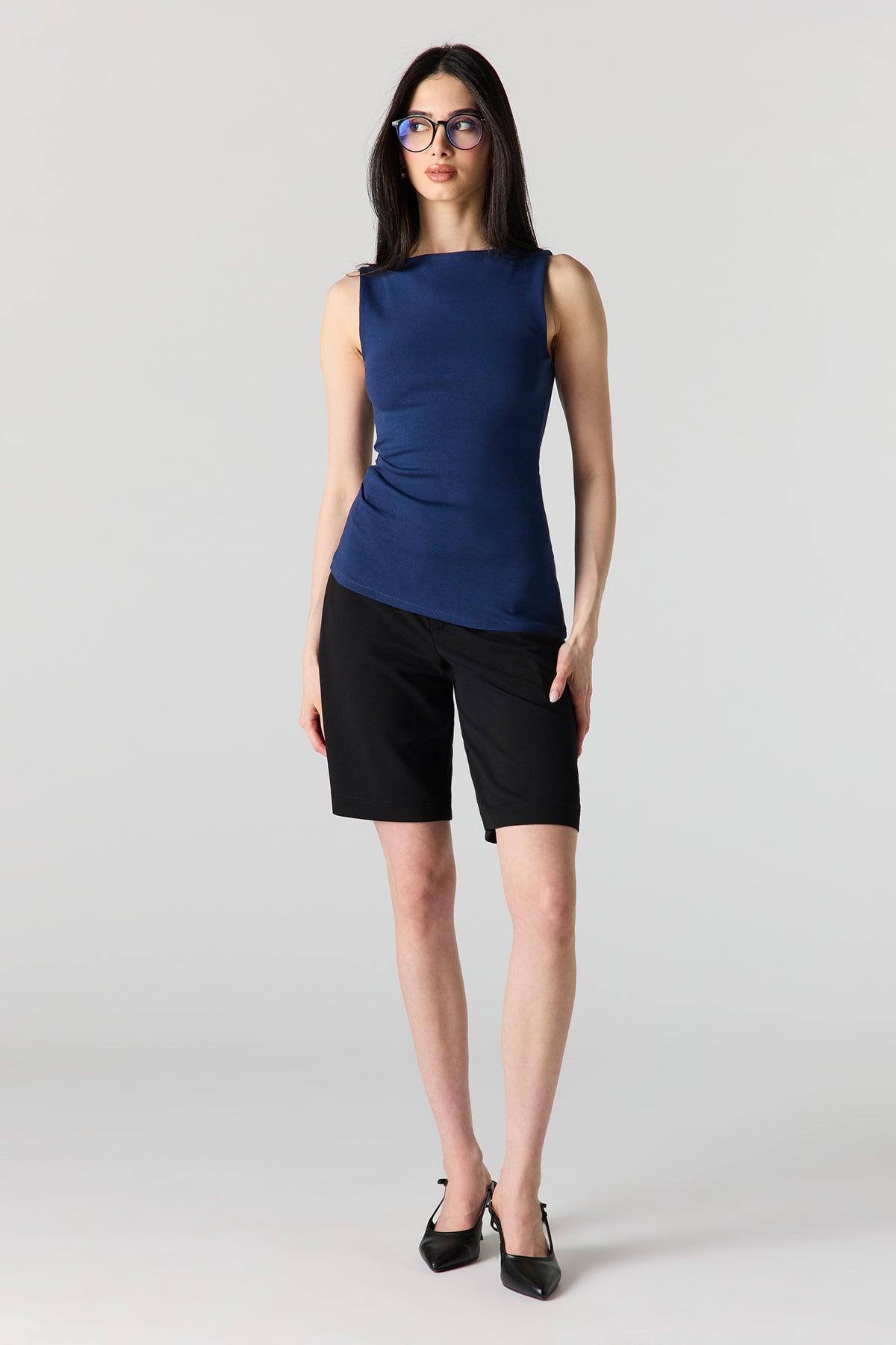 Alt View 3. Ribbed High Neck Top - Navy
