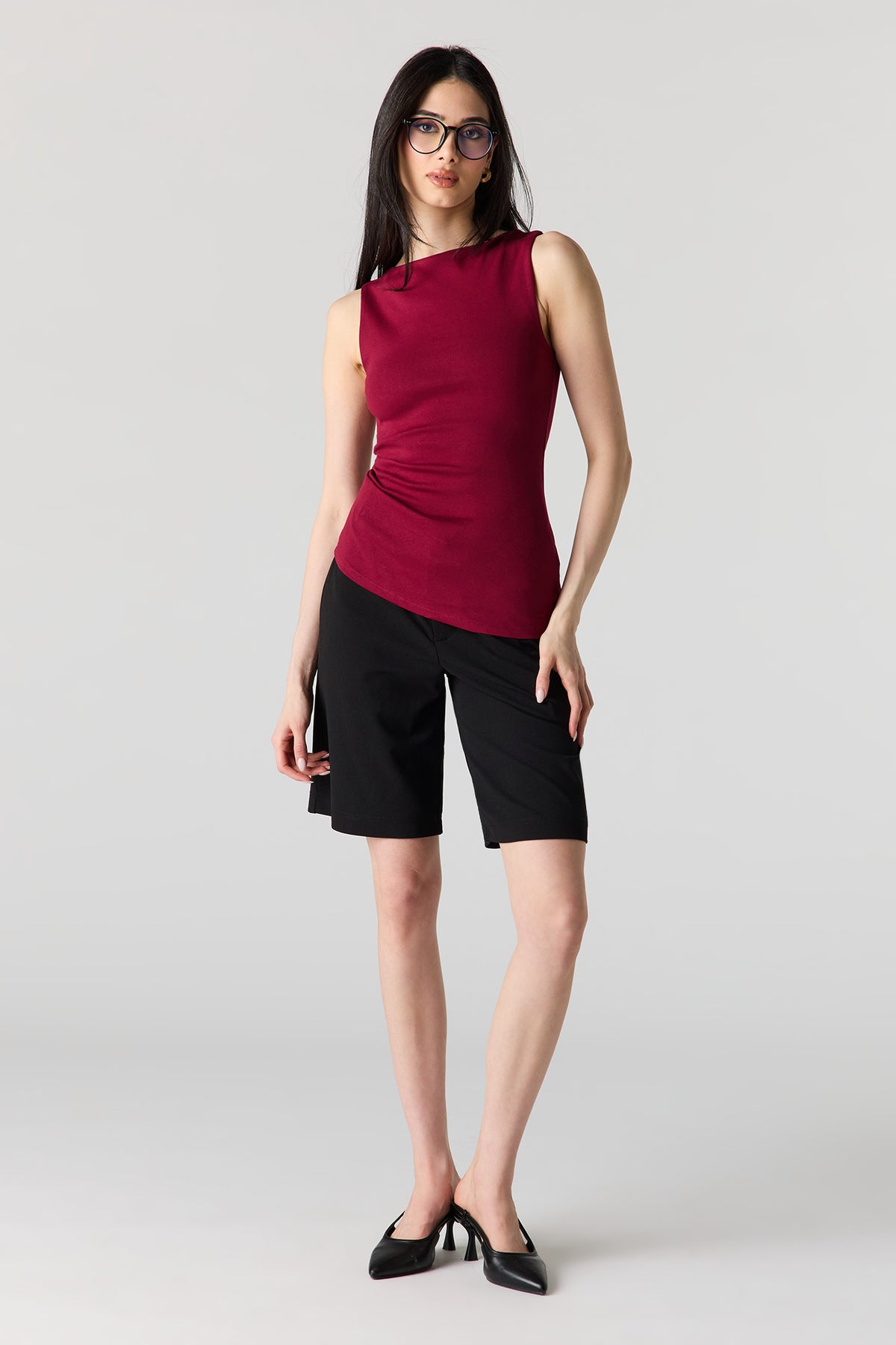 Alt View 3. Ribbed High Neck Top - Red