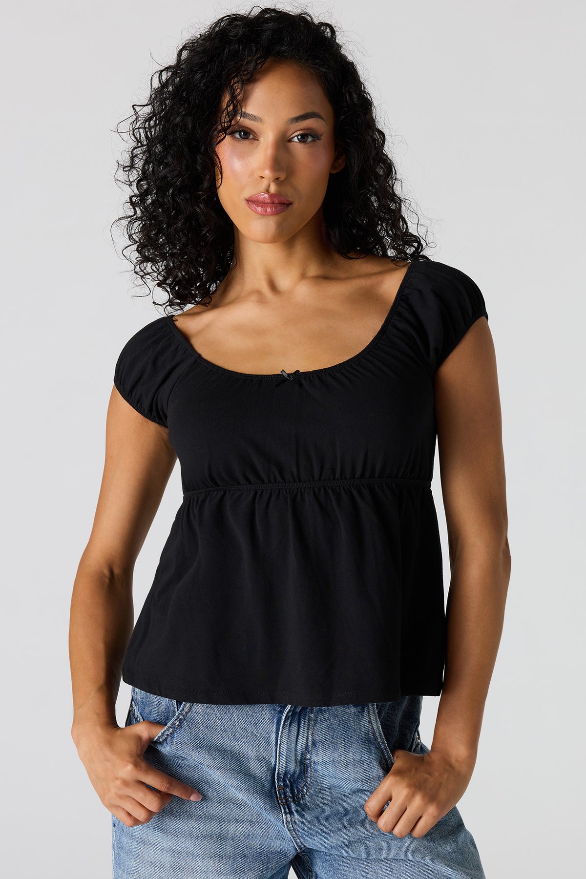 Scoop Neck Peplum Top - Black