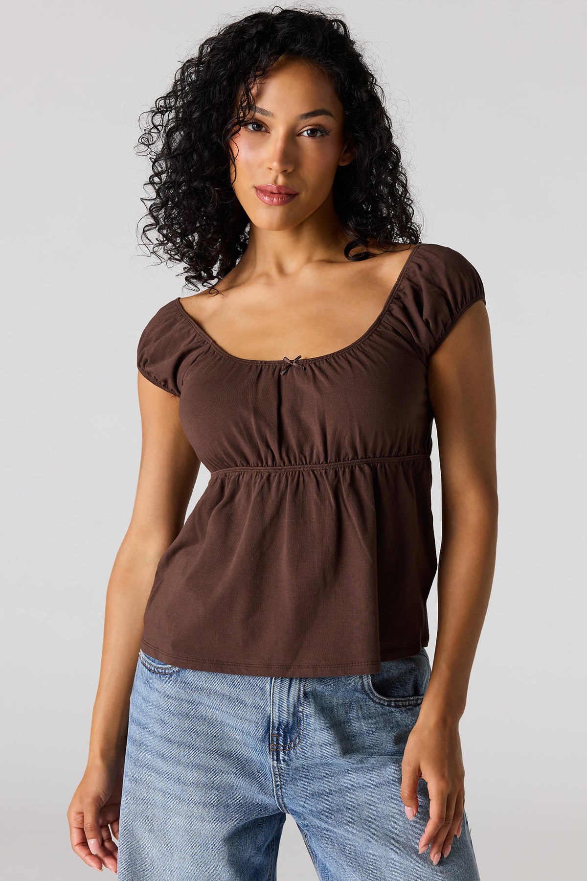 Scoop Neck Peplum Top - Brown