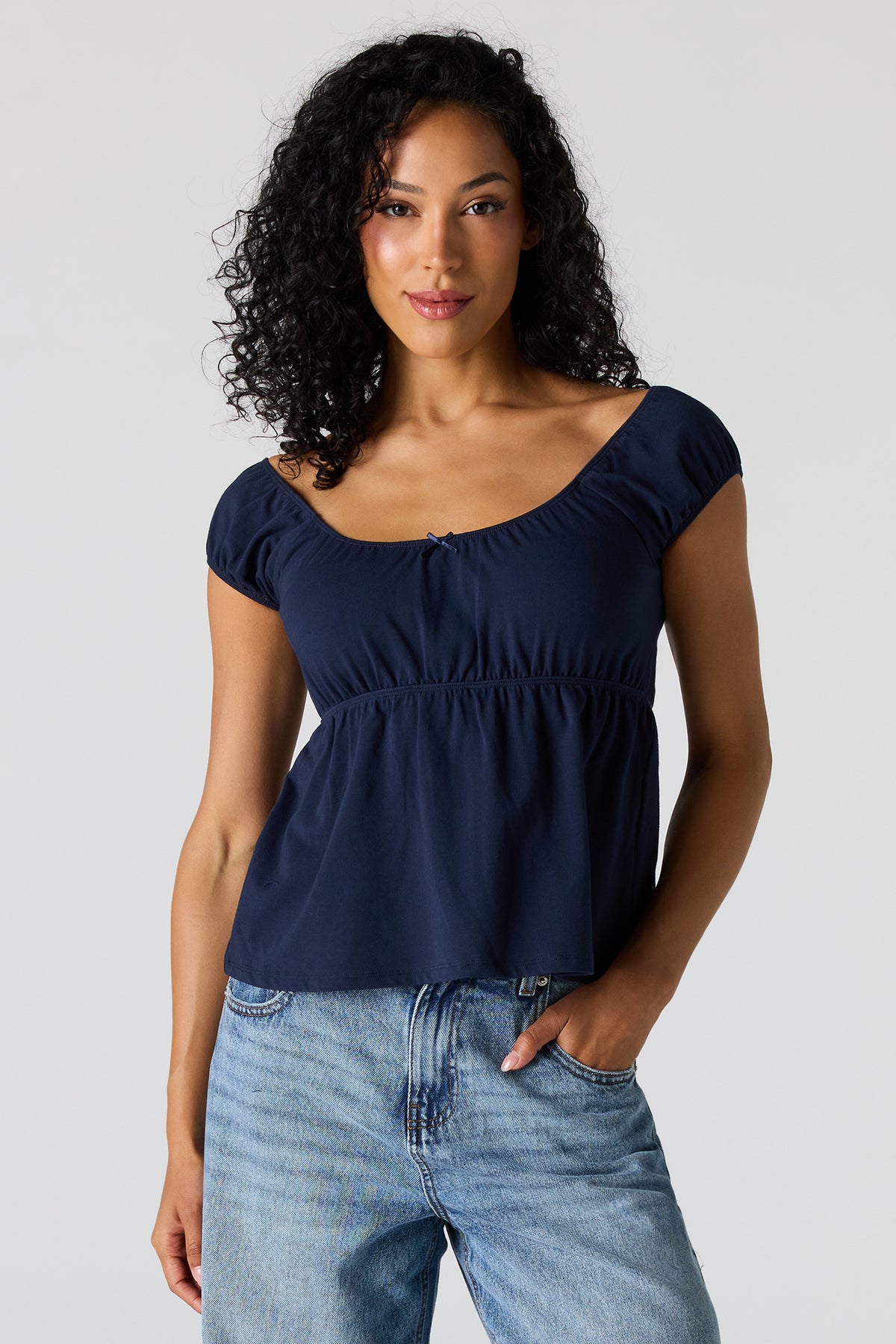 Scoop Neck Peplum Top - Navy