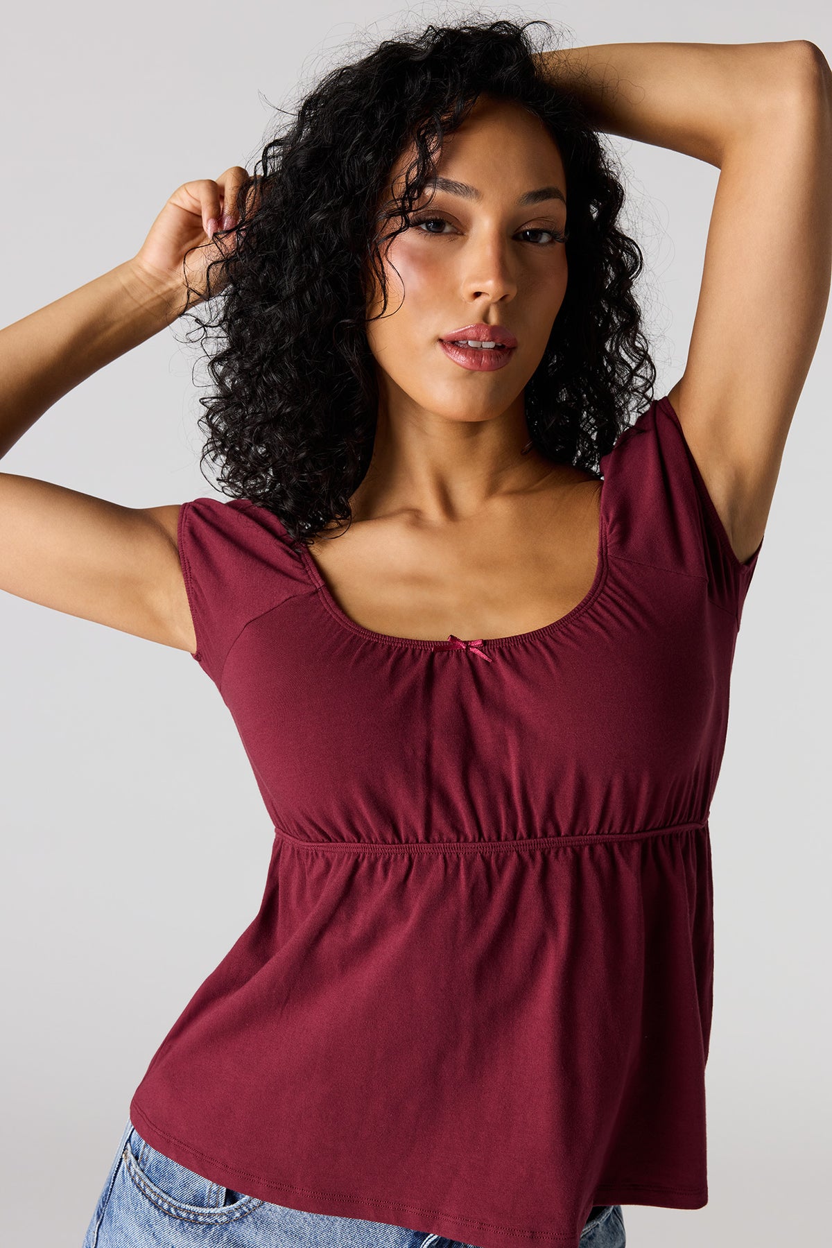 Scoop Neck Peplum Top - Wine