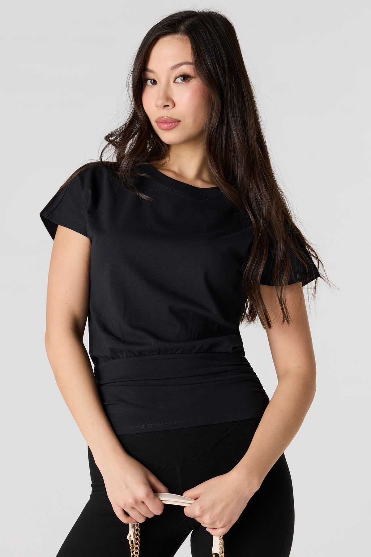 Cinched Waist Short Sleeve Top - Black