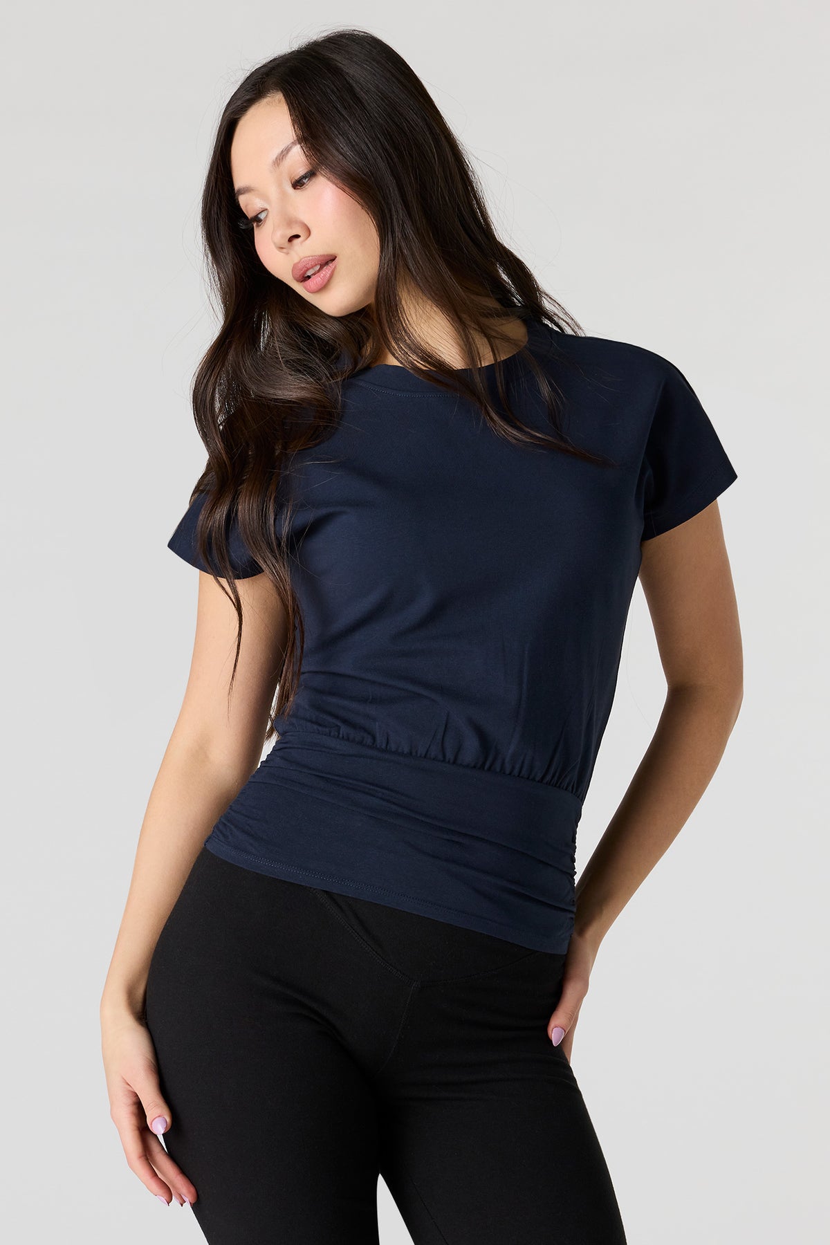Cinched Waist Short Sleeve Top - Navy