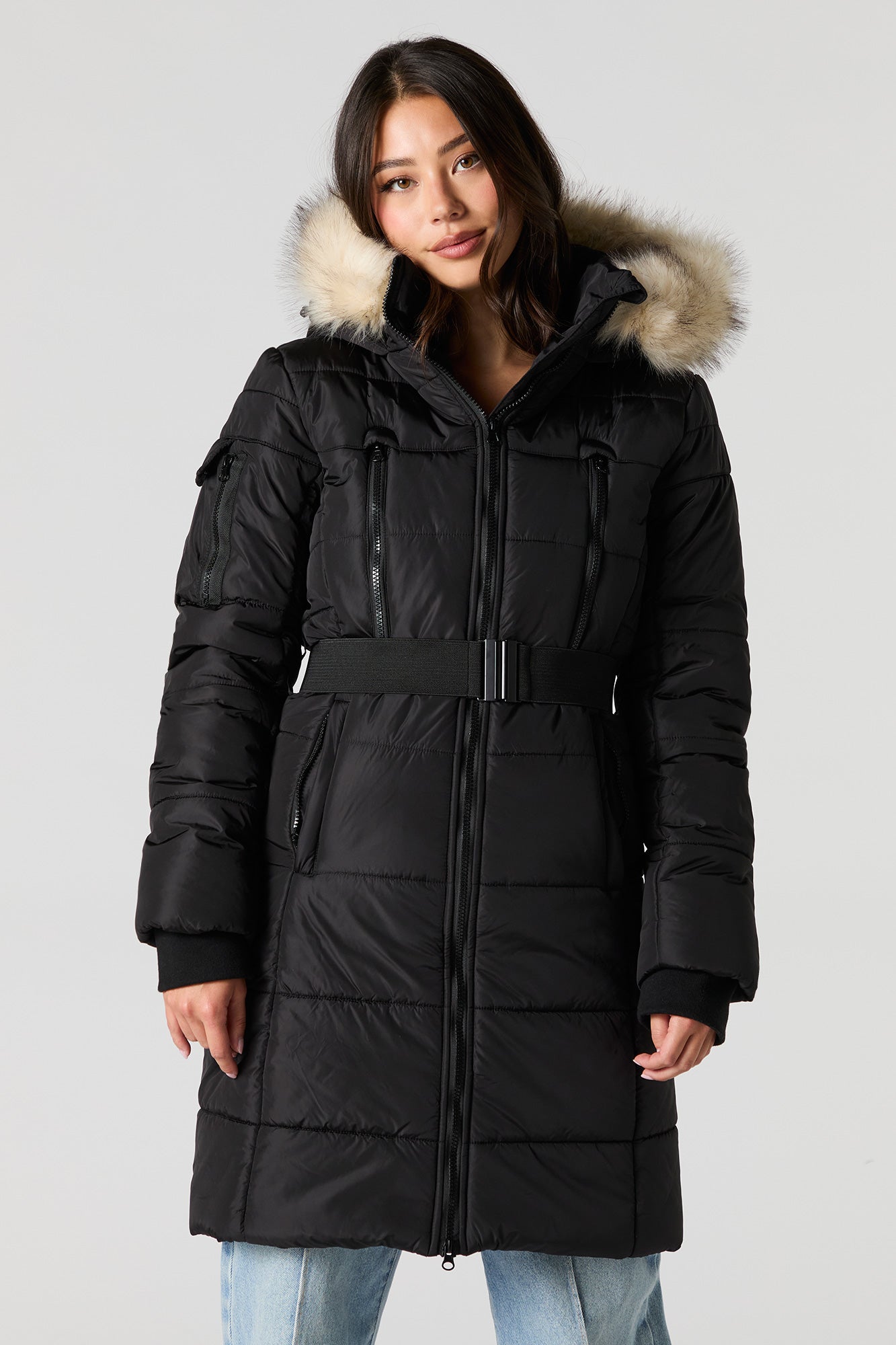 Longline Belted Faux Fur Hood Puffer Jacket