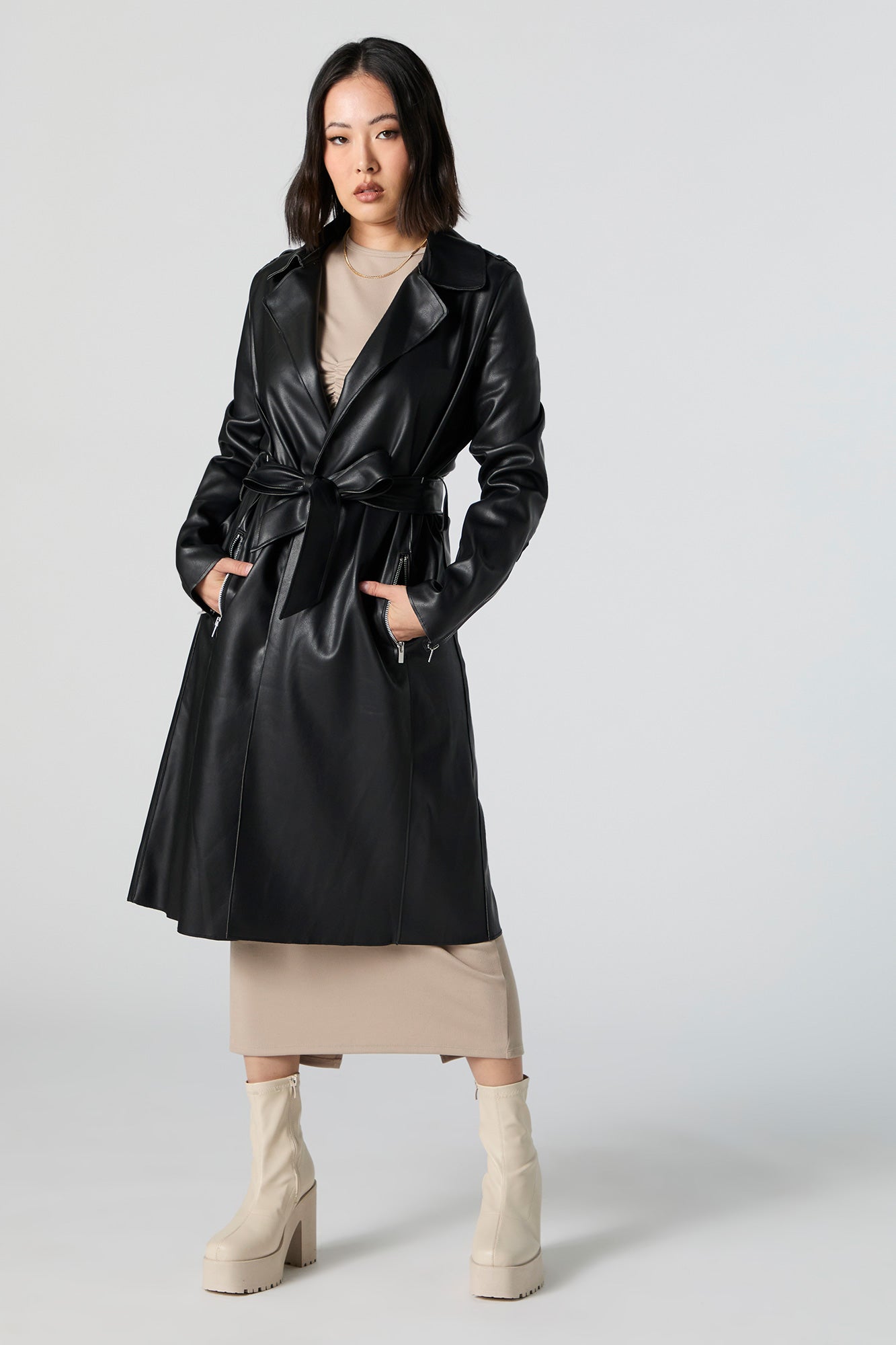 Faux Leather Trench Coat