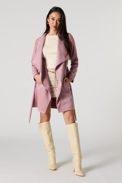 Faux Suede Belted Waterfall Jacket