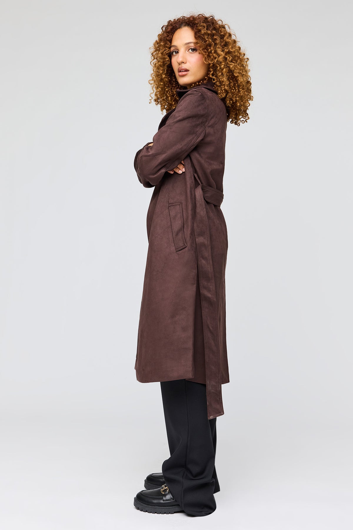 Alt View 2. Faux Suede Trench Coat - Dark Brown