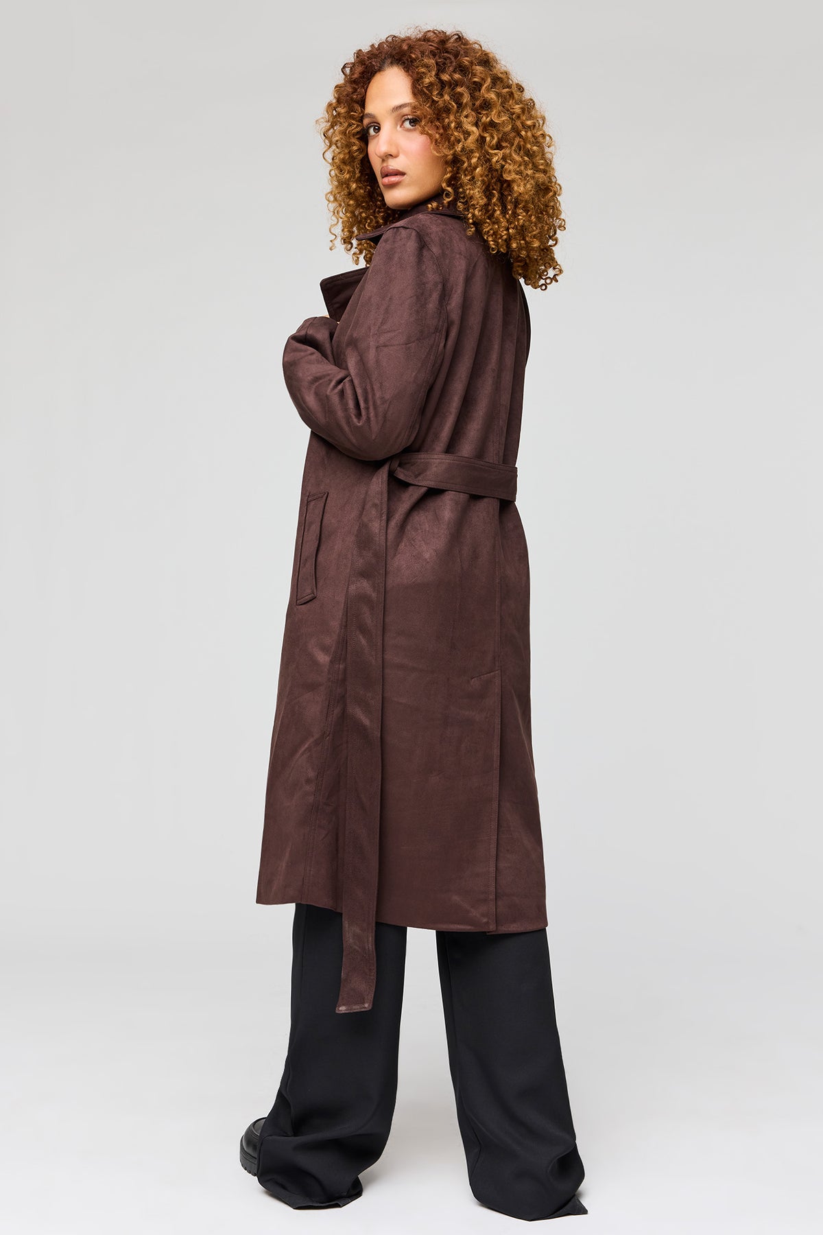 Alt View 3. Faux Suede Trench Coat - Dark Brown