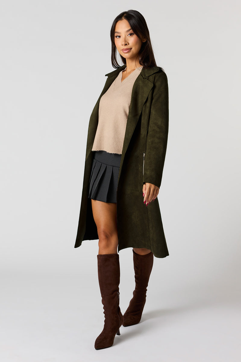 Faux Suede Trench Coat
