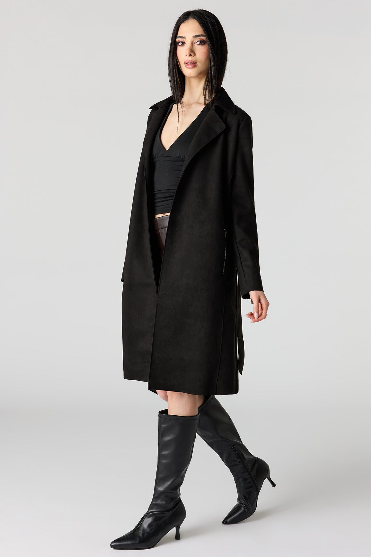 Alt View 2. Faux Suede Trench Coat - Black