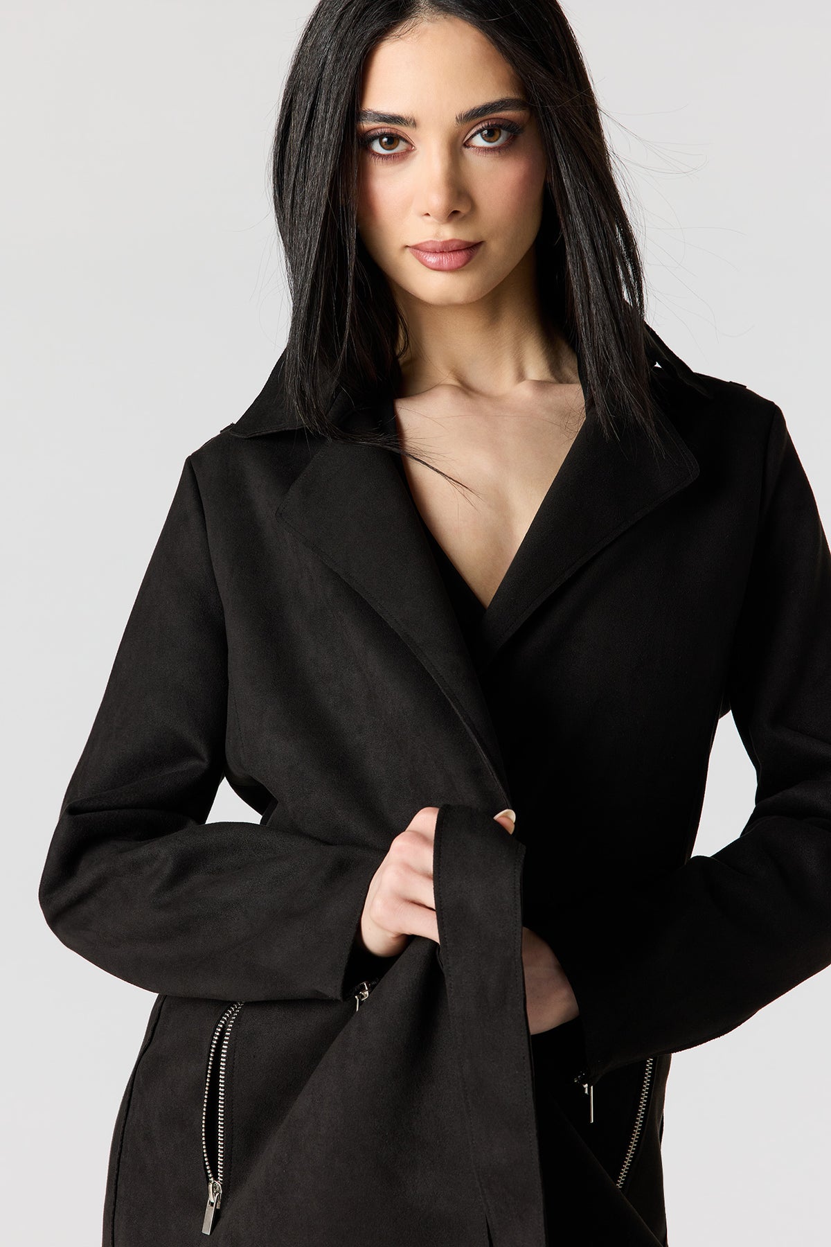 Alt View 4. Faux Suede Trench Coat - Black