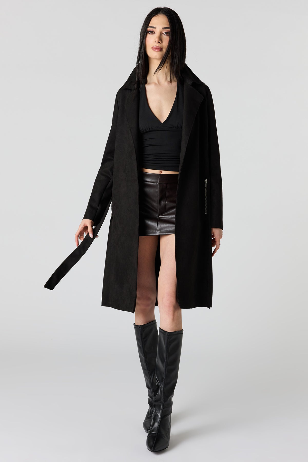 Faux Suede Trench Coat - Black