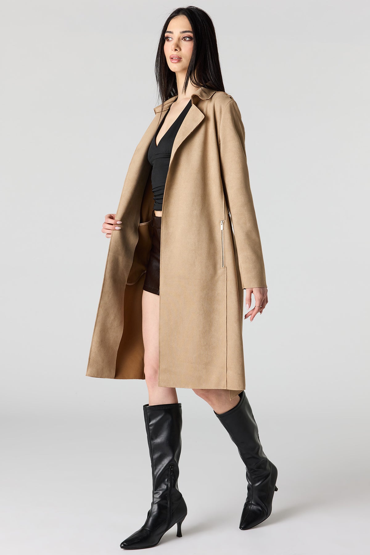 Alt View 2. Faux Suede Trench Coat - Taupe
